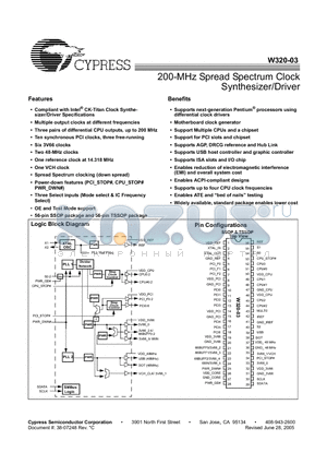 CYW320OXC-3T datasheet - 200-MHz Spread Spectrum Clock Synthesizer/Driver