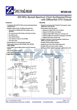 CYW320OXC-4T datasheet - 200 MHz Spread Spectrum Clock Synthesizer/Driver with Differential CPU Outputs