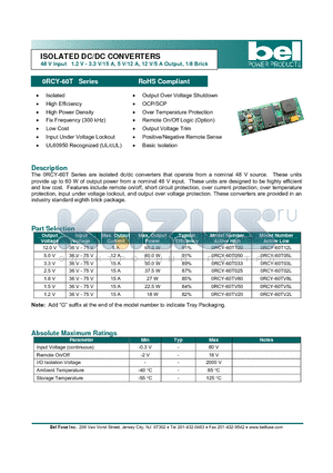 0RCY-60T03L datasheet - ISOLATED DC/DC CONVERTERS 48 V Input 1.2 V - 3.3 V/15 A, 5 V/12 A, 12 V/5 A Output, 1/8 Brick