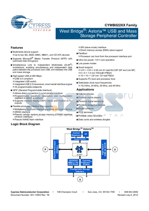 CYWB0226ABS-BVXI datasheet - West Bridge^: Astoria USB and Mass Storage Peripheral Controller