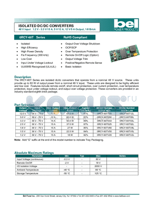 0RCY-60T120 datasheet - ISOLATED DC/DC CONVERTERS 48 V Input 1.2 V - 3.3 V/15 A, 5 V/12 A, 12 V/5 A Output, 1/8 Brick