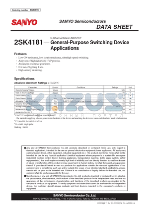 2SK4181 datasheet - N-Channel Silicon MOSFET General-Purpose Switching Device Applications