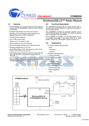 CYWM6934 datasheet - WirelessUSB LS  Radio Module