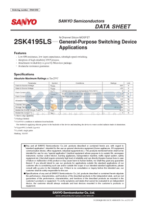 2SK4195LS datasheet - N-Channel Silicon MOSFET General-Purpose Switching Device Applications