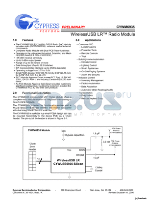 CYWM6935 datasheet - WirelessUSB LR Radio Module