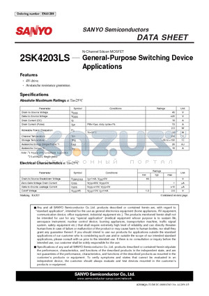 2SK4203LS datasheet - N-Channel Silicon MOSFET General-Purpose Switching Device Applications