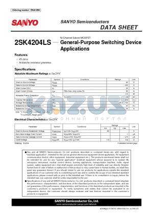 2SK4204LS datasheet - N-Channel Silicon MOSFET General-Purpose Switching Device Applications