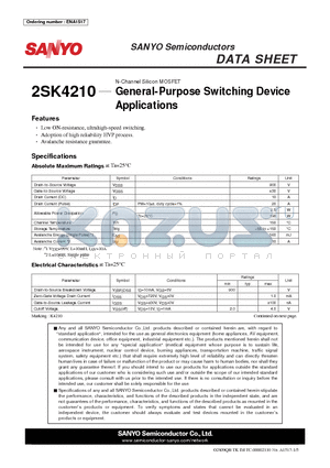 2SK4210 datasheet - N-Channel Silicon MOSFET General-Purpose Switching Device Applications