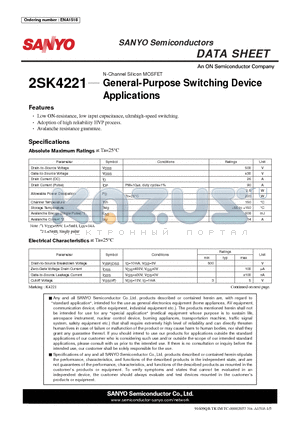 2SK4221 datasheet - N-Channel Silicon MOSFET General-Purpose Switching Device Applications