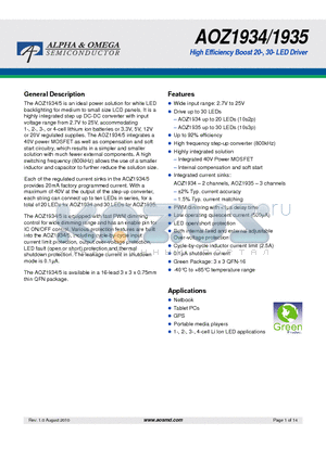 AOZ1934 datasheet - High Efficiency Boost 20-, 30- LED Driver