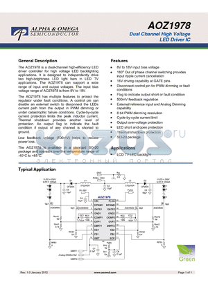 AOZ1978 datasheet - Dual Channel High Voltage LED Driver IC