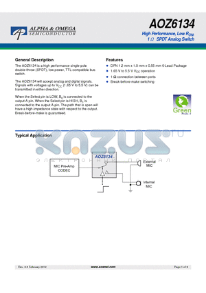 AOZ6134DI datasheet - High Performance, Low RON, 1 ohm SPDT Analog Switch