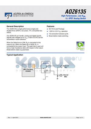AOZ6135 datasheet - High Performance, Low RON, 1Y SPDT Analog Switch