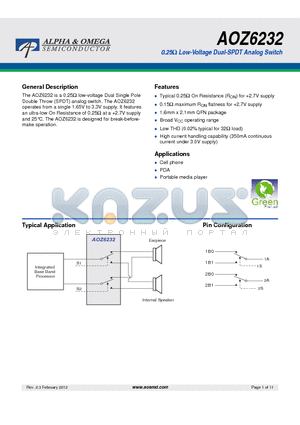 AOZ6232 datasheet - 0.25ohm Low-Voltage Dual-SPDT Analog Switch