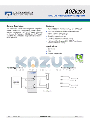 AOZ6233 datasheet - 0.35ohm Low-Voltage Dual-SPDT Analog Switch