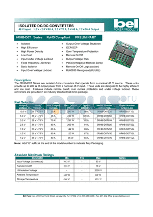 0RHB-D0T03L datasheet - ISOLATED DC/DC CONVERTERS 48 V Input 1.2 V - 2.5 V/80 A, 3.3 V/70 A, 5 V/48 A, 12 V/20 A Output