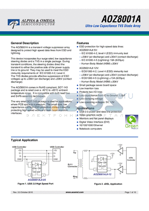AOZ8001A datasheet - Ultra-Low Capacitance TVS Diode Array
