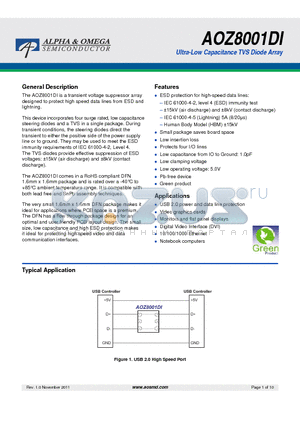 AOZ8001DI datasheet - Ultra-Low Capacitance TVS Diode Array