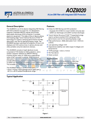 AOZ8020 datasheet - 8-Line EMI Filter with Integrated ESD Protection