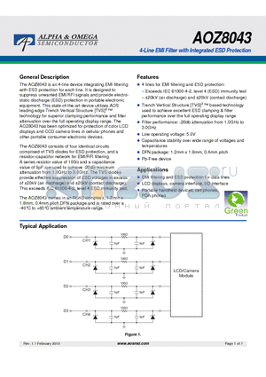 AOZ8043 datasheet - 4-Line EMI Filter with Integrated ESD Protection