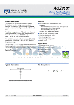 AOZ8131 datasheet - Ultra Low Capacitance One-line Bi-directional TVS Diode