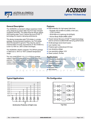 AOZ8208 datasheet - Eight-line TVS Diode Array