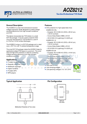 AOZ8212 datasheet - Two-line Bi-directional TVS Diode