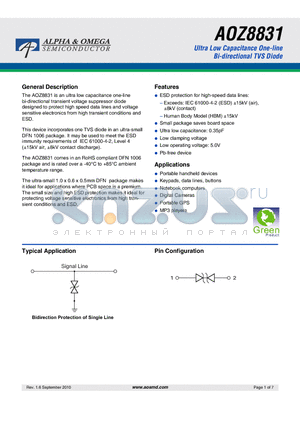 AOZ8831 datasheet - Ultra Low Capacitance One-line Bi-directional TVS Diode