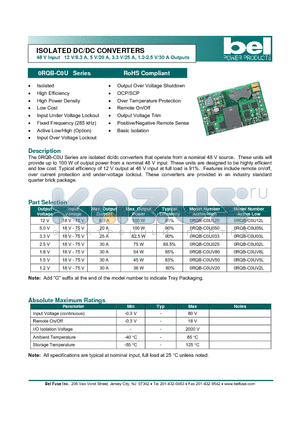 0RQB-C0U datasheet - ISOLATED DC/DC CONVERTERS 48 V Input 12 V/8.3 A, 5 V/20 A, 3.3 V/25 A, 1.2-2.5 V/30 A Outputs