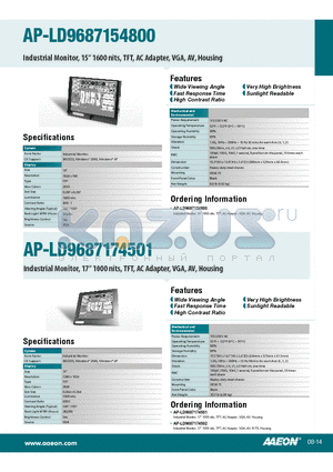 AP-LD9687154800 datasheet - Industrial Monitor, 15 1600 nits, TFT, AC Adapter, VGA, AV, Housing
