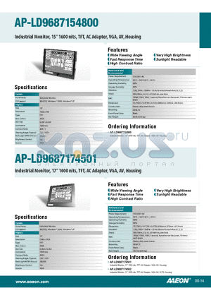 AP-LD9687174501 datasheet - Industrial Monitor, 17 1000 nits, TFT, AC Adapter, VGA, AV, Housing