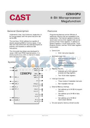 CZ80CPU datasheet - 8-Bit Microprocessor Megafunction