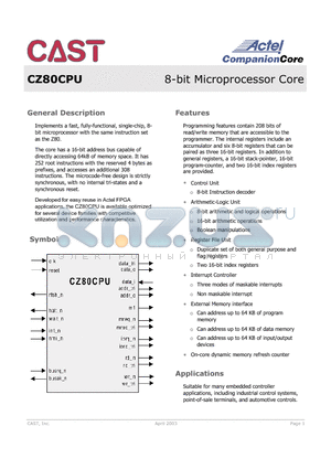 CZ80CPU datasheet - 8-bit Microprocessor Core