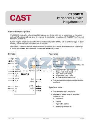CZ80PIO datasheet - Hereinafter Referred to As PIO, is a Dual-Port Device