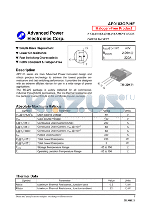 AP0103GP-HF datasheet - N-CHANNEL ENHANCEMENT MODE POWER MOSFET