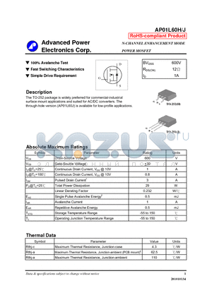 AP01L60J_10 datasheet - N-CHANNEL ENHANCEMENT MODE POWER MOSFET