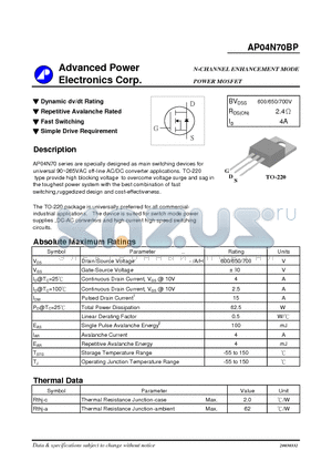 AP01L60P datasheet - N-CHANNEL ENHANCEMENT MODE