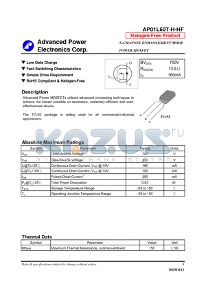 AP01L60T-H-HF datasheet - N-CHANNEL ENHANCEMENT MODE POWER MOSFET