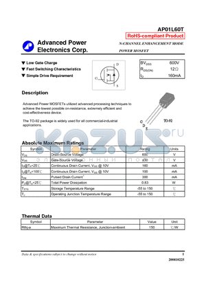 AP01L60T_08 datasheet - N-CHANNEL ENHANCEMENT MODE POWER MOSFET