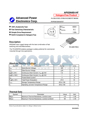 AP02N40I-HF datasheet - N-CHANNEL ENHANCEMENT MODE POWER MOSFET