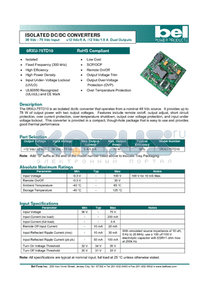 0RXU-75TD10 datasheet - ISOLATED DC/DC CONVERTERS 36 Vdc - 75 Vdc Input 12 Vdc/5 A, -12 Vdc/1.5 A Dual Outputs