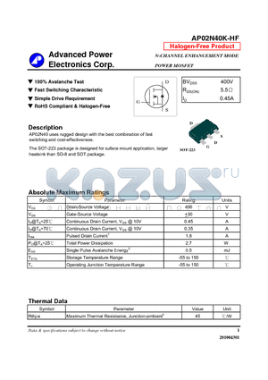 AP02N40K-HF datasheet - N-CHANNEL ENHANCEMENT MODE POWER MOSFET