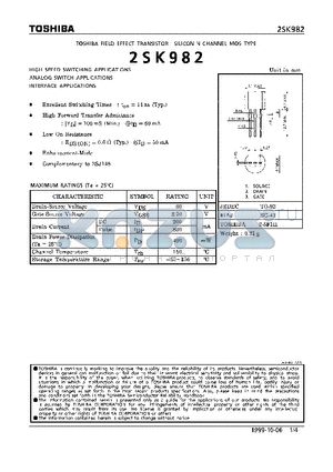 2SK982 datasheet - N CHANNEL MOS TYPE (HIGH SPEED SWITCHING, ANALOG SWITCH, INTERFACE APPLICATIONS)