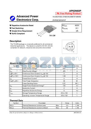 AP02N60P datasheet - N-CHANNEL ENHANCEMENT MODE POWER MOSFET