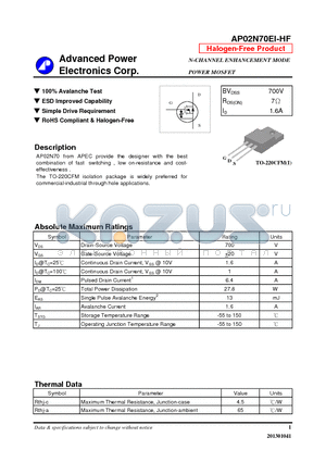 AP02N70EI-HF datasheet - N-CHANNEL ENHANCEMENT MODE POWER MOSFET