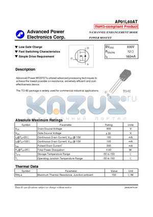 AP01L60AT_10 datasheet - Advanced Power MOSFETs utilized advanced processing techniques to achieve the lowest possible on-resistance, extremely efficient and costeffectiveness effectiveness