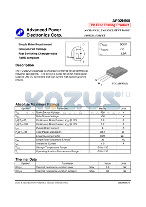 AP02N90I datasheet - N-CHANNEL ENHANCEMENT MODE POWER MOSFET