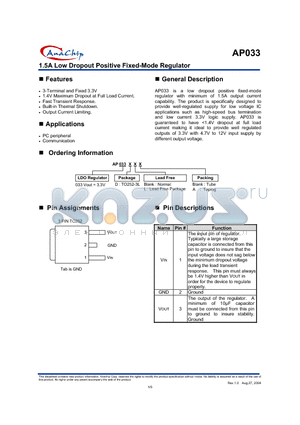 AP033DL datasheet - 1.5A Low Dropout Positive Fixed-Mode Regulator