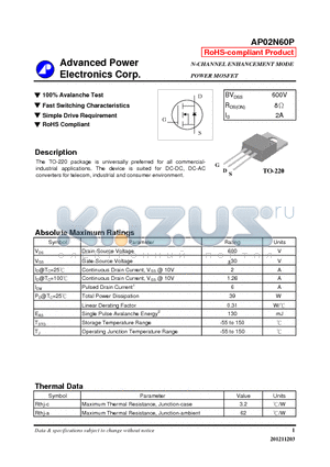 AP02N60P_12 datasheet - N-CHANNEL ENHANCEMENT MODE POWER MOSFET