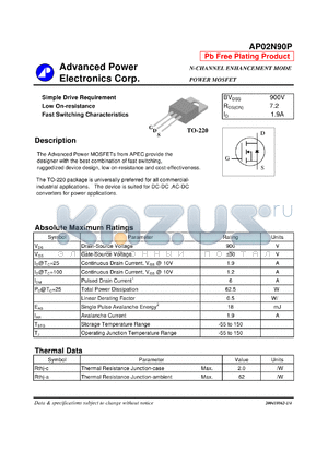 AP02N90P datasheet - N-CHANNEL ENHANCEMENT MODE POWER MOSFET